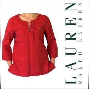 Lauren Ralph Lauren 100% Linen  Red Lace-Up Top